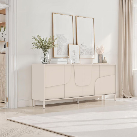 Buffet 4 portes beige laqué façade relief piètement métal - EGERIOR