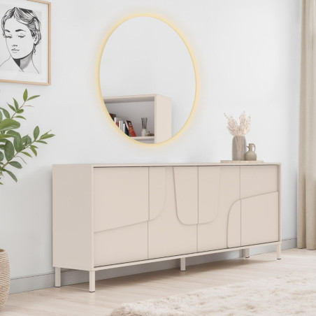 Buffet 4 portes beige laqué façade relief piètement métal - EGERIOR