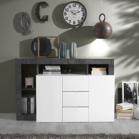 Buffet 2 portes 3 tiroirs blanc laqué niches gris oxyde - ARTIRA
