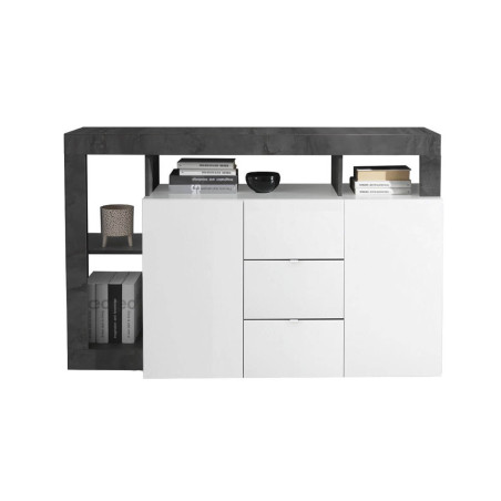 Buffet 2 portes 3 tiroirs blanc laqué niches gris oxyde - ARTIRA