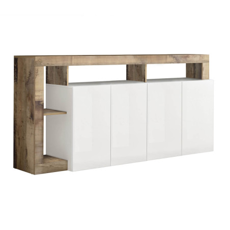 Buffet 4 portes blanc laqué, encadrement niches, aspect bois Antik - ARTIRA