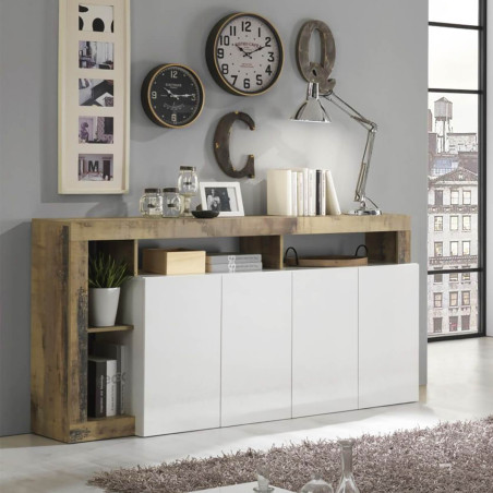Buffet 4 portes blanc laqué, encadrement niches, aspect bois Antik - ARTIRA