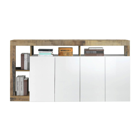 Buffet 4 portes blanc laqué, encadrement niches, aspect bois Antik - ARTIRA