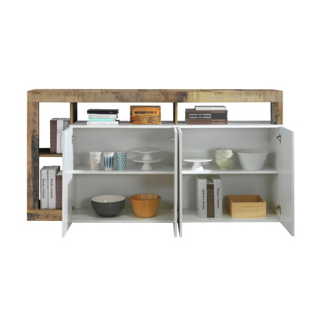 Buffet 4 portes blanc laqué, encadrement niches, aspect bois Antik - ARTIRA