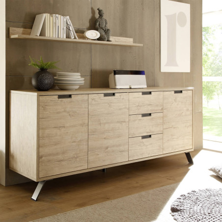 Buffet 3 portes 3 tiroirs aspect bois pieds métal gris foncé - PALIRA