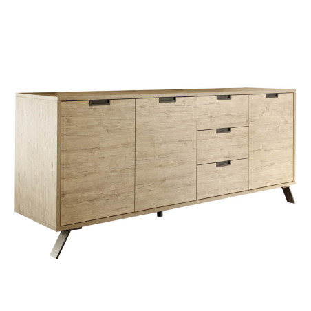Buffet 3 portes 3 tiroirs aspect bois pieds métal gris foncé - PALIRA