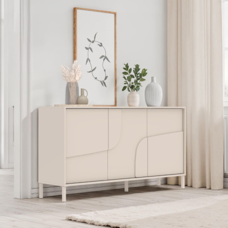 Buffet 3 portes laqué beige façade relief piètement métal - EGERIOR