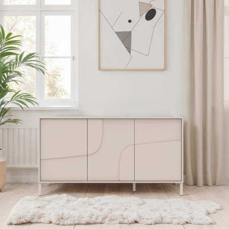 Buffet 3 portes laqué beige façade relief piètement métal - EGERIOR