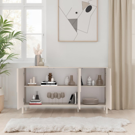 Buffet 3 portes laqué beige façade relief piètement métal - EGERIOR