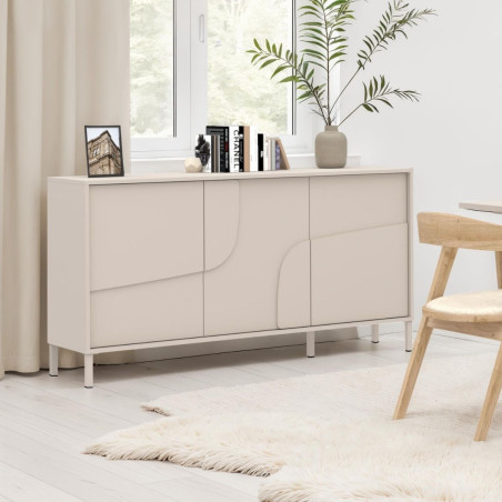 Buffet 3 portes laqué beige façade relief piètement métal - EGERIOR