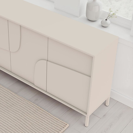 Buffet 3 portes laqué beige façade relief piètement métal - EGERIOR