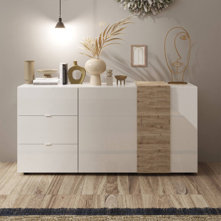 Buffet 2 portes 3 tiroirs blanc et aspect bois - VESIRA