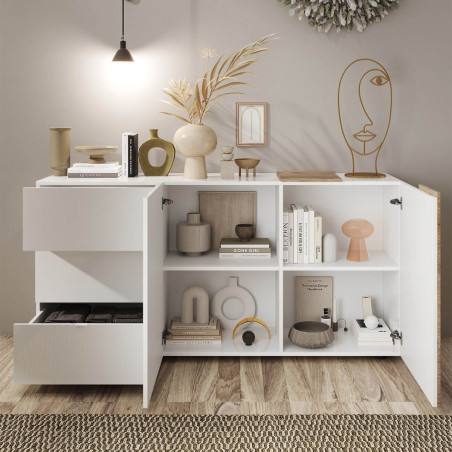 Buffet 2 portes 3 tiroirs blanc et aspect bois - VESIRA