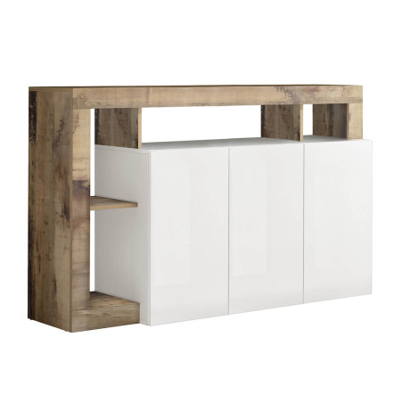 Buffet 3 portes blanc laqué, encadrement niches, aspect bois Antik - ARTIRA