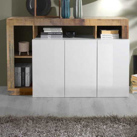 Buffet 3 portes blanc laqué, encadrement niches, aspect bois Antik - ARTIRA