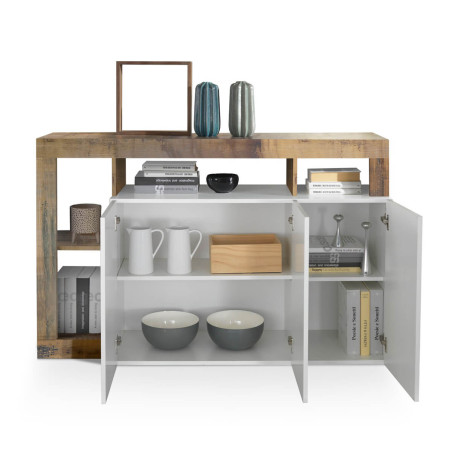 Buffet 3 portes blanc laqué, encadrement niches, aspect bois Antik - ARTIRA