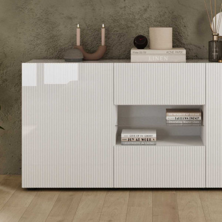 Buffet 2 portes 2 tiroirs blanc à stries verticales - JANEIROR