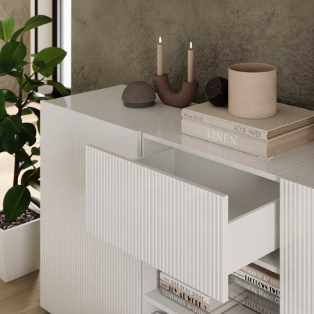 Buffet 2 portes 2 tiroirs blanc à stries verticales - JANEIROR