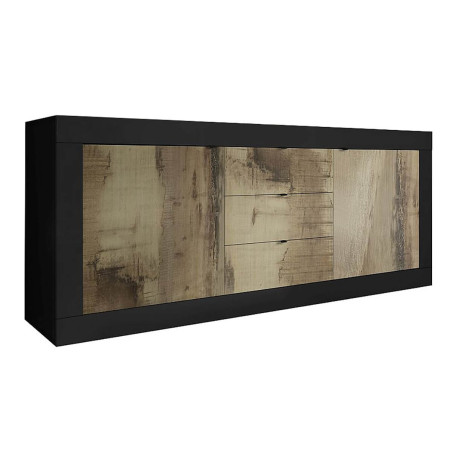 Buffet 2 portes 3 tiroirs noir mat aspect bois antik - OTELIA
