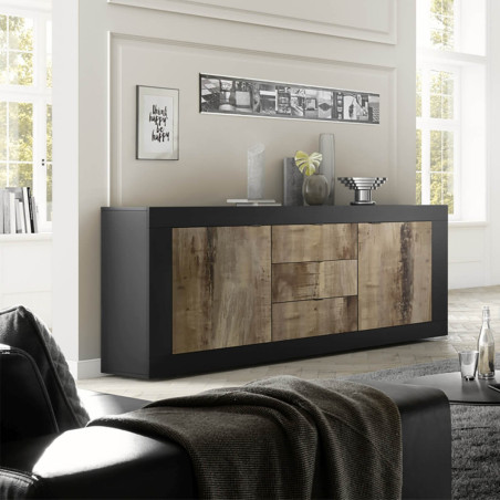 Buffet 2 portes 3 tiroirs noir mat aspect bois antik - OTELIA