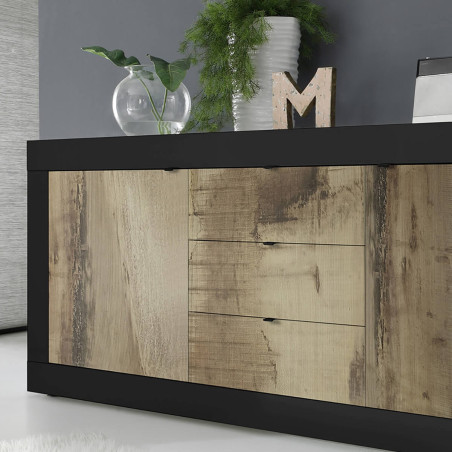 Buffet 2 portes 3 tiroirs noir mat aspect bois antik - OTELIA