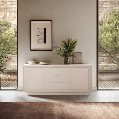 Buffet 2 portes 3 tiroirs beige poudré piètement socle - POLVIA