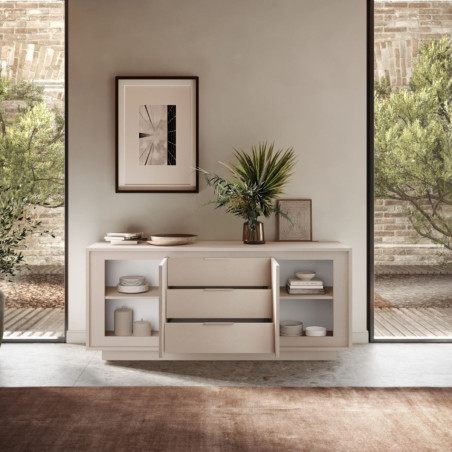 Buffet 2 portes 3 tiroirs beige poudré piètement socle - POLVIA