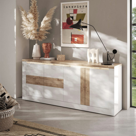 Buffet 4 portes blanc et aspect chêne finition Cadiz avec LED - ISALIN