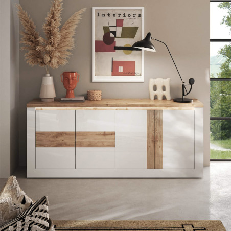 Buffet 4 portes blanc et aspect chêne finition Cadiz avec LED - ISALIN