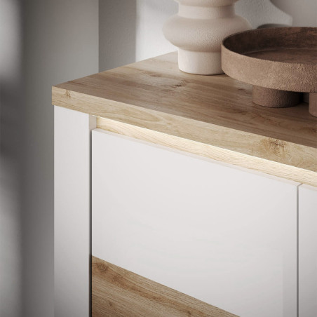 Buffet 4 portes blanc et aspect chêne finition Cadiz avec LED - ISALIN