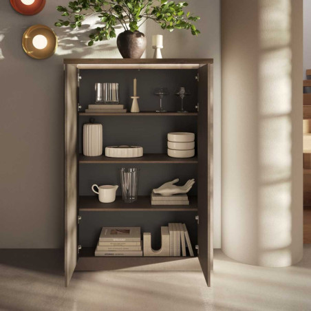 Rangement 2 portes aspect minéral bronze plateau bois Mercure avec LED - ISALIOR