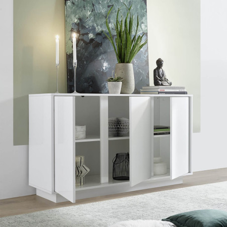 Buffet 3 portes blanc laqué brillant Weiss - LYSIRA