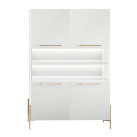 Buffet haut 4 portes blanc pieds et poignées métal doré + Leds - TARAC