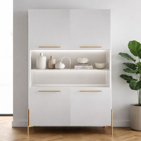 Buffet haut 4 portes blanc pieds et poignées métal doré + Leds - TARAC