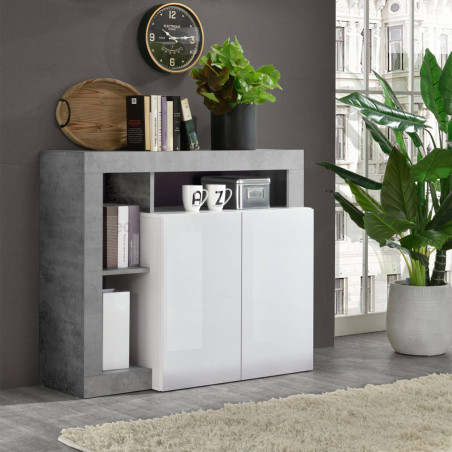 Buffet 2 portes blanc laqué encadrement niches aspect cimento - ARTIRA