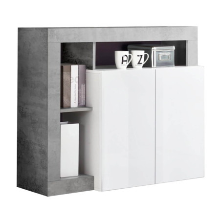 Buffet 2 portes blanc laqué encadrement niches aspect cimento - ARTIRA