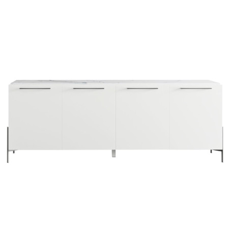 Buffet 4 portes laqué blanc plateau marbré pieds métal anthracite - TARAC