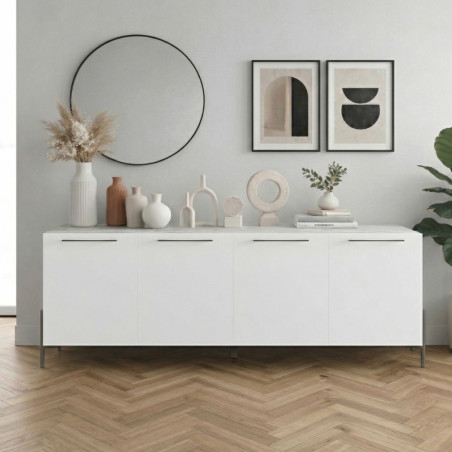 Buffet 4 portes laqué blanc plateau marbré pieds métal anthracite - TARAC
