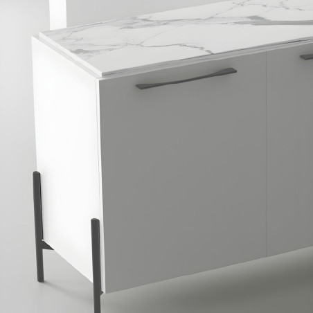 Buffet 4 portes laqué blanc plateau marbré pieds métal anthracite - TARAC
