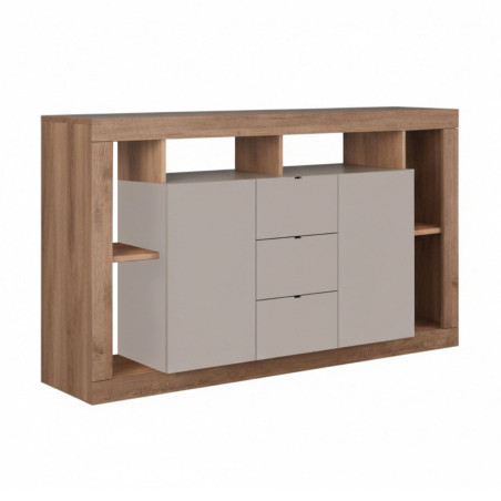 Buffet 2 portes 3 tiroirs et 6 niches beige aspect bois - LIMANOR