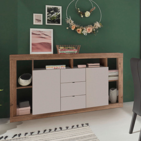 Buffet 2 portes 3 tiroirs et 6 niches beige aspect bois - LIMANOR