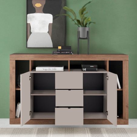 Buffet 2 portes 3 tiroirs et 6 niches beige aspect bois - LIMANOR