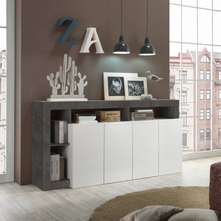Buffet 4 portes blanc laqué et niches gris oxyde - ARTIRA