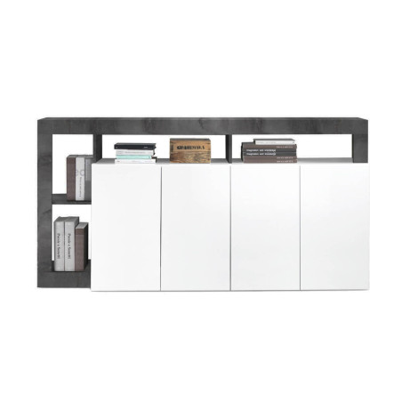 Buffet 4 portes blanc laqué et niches gris oxyde - ARTIRA