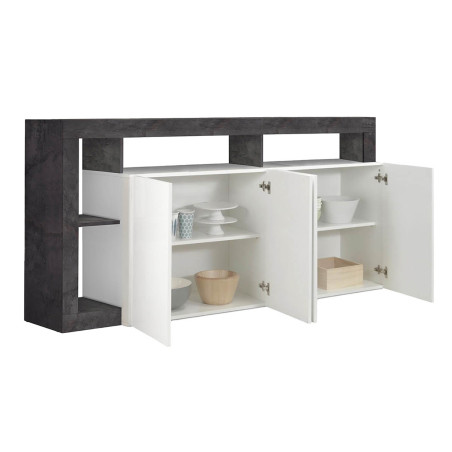 Buffet 4 portes blanc laqué et niches gris oxyde - ARTIRA