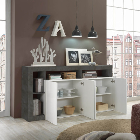 Buffet 4 portes blanc laqué et niches gris oxyde - ARTIRA