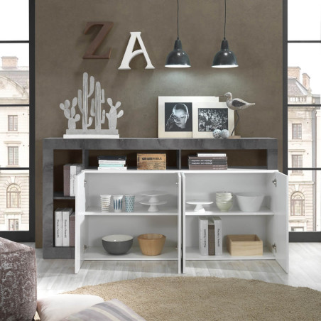 Buffet 4 portes blanc laqué et niches gris oxyde - ARTIRA