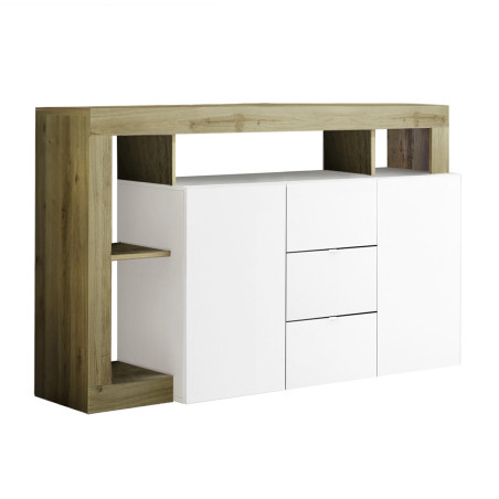 Buffet 2 portes 3 tiroirs blanc laqué, niches aspect bois, Cadiz - ARTIRA