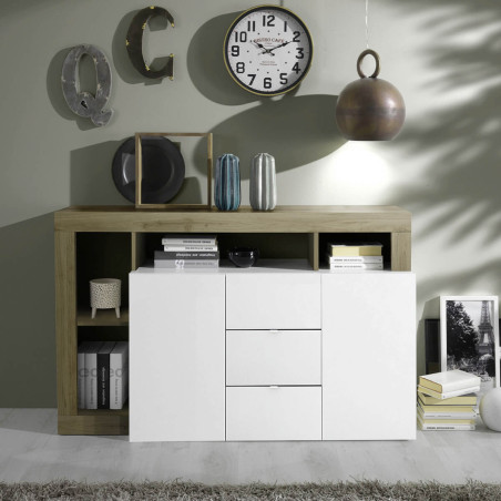 Buffet 2 portes 3 tiroirs blanc laqué, niches aspect bois, Cadiz - ARTIRA