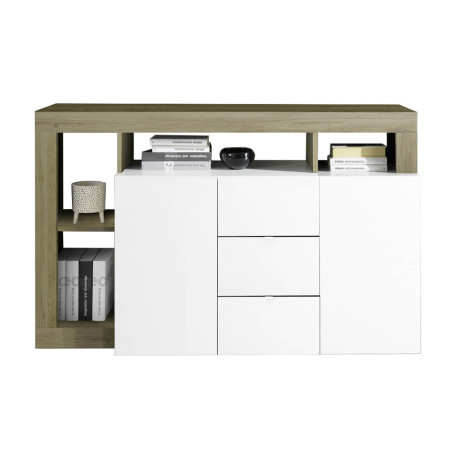 Buffet 2 portes 3 tiroirs blanc laqué, niches aspect bois, Cadiz - ARTIRA